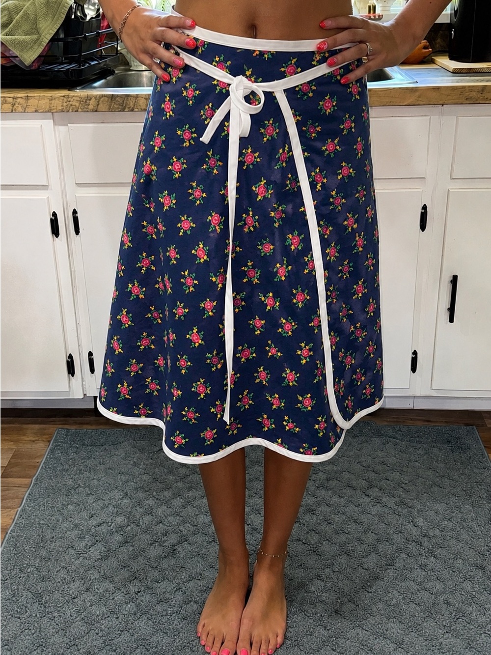 Vintage Style Reversible Wrap Skirt, Navy Ditsy Floral and Solid Coral Two-in-On